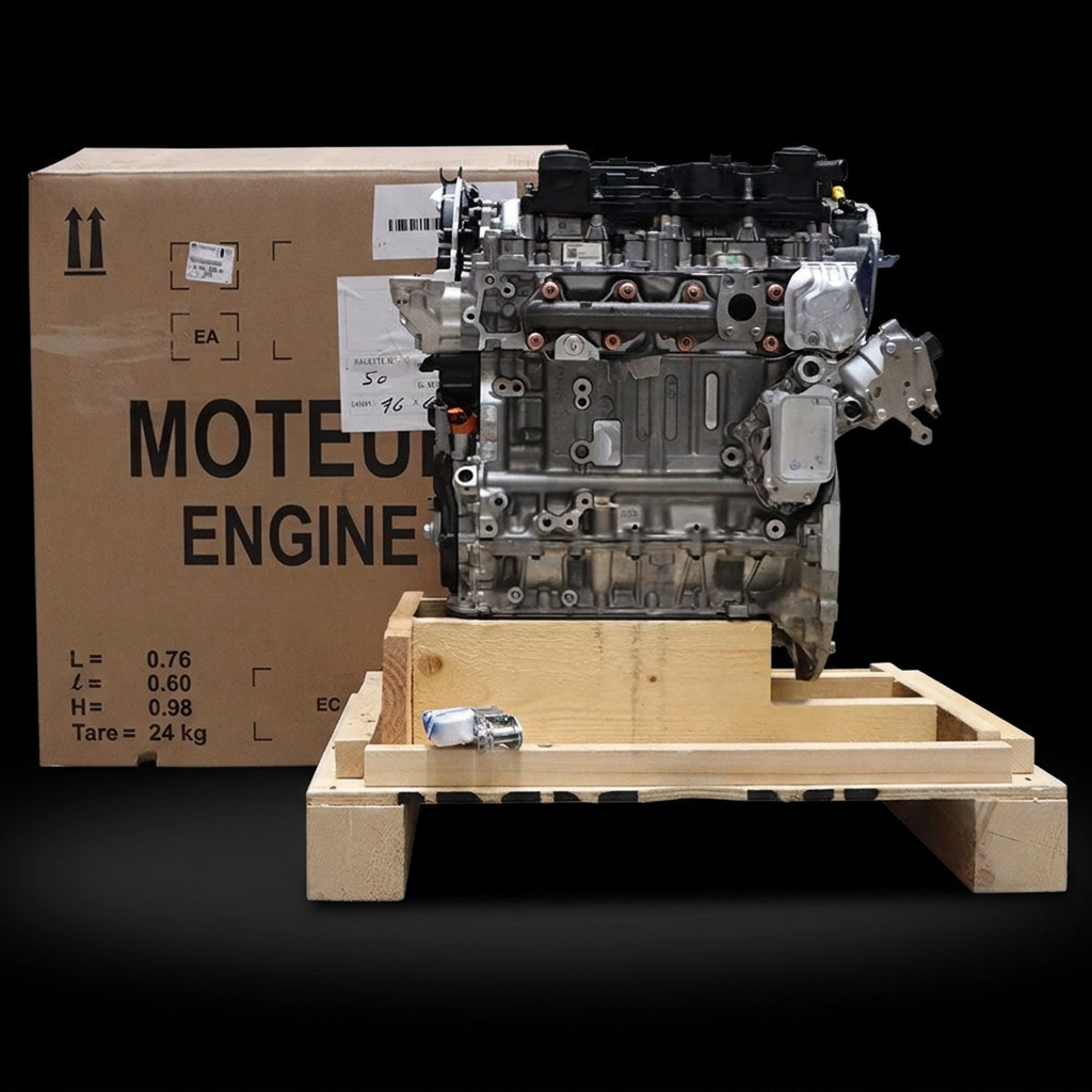 Brand new crate engine on a pallet with its original manufacturer packaging, supplied by Global Engines